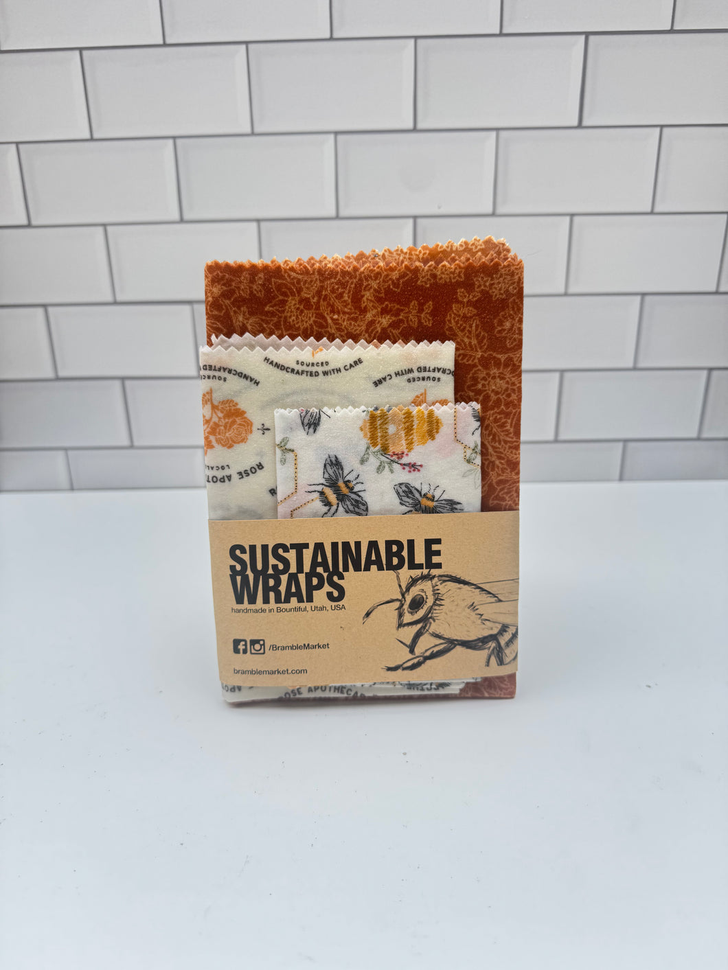 Sustainable Beeswax Wraps, Set of 3- Rustic Bee Set