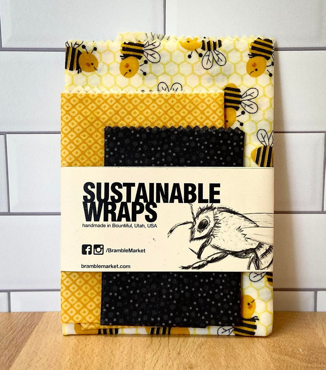 Sustainable Beeswax Wraps, Set of 3- Happy Bees Set